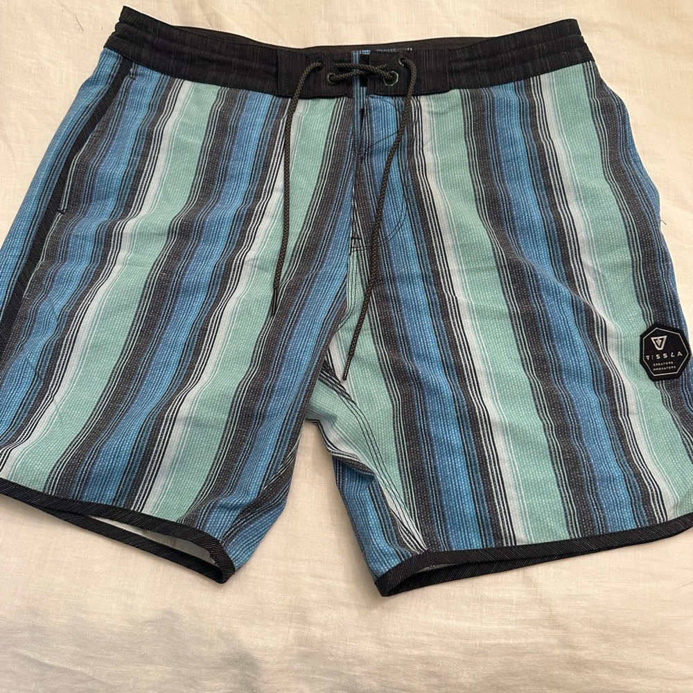 VISSLA Aqua and Black Striped Board Shorts